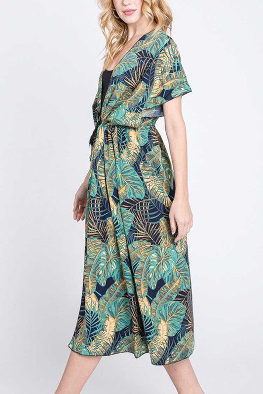 Tropical Print Long Kimono Duster Cardigan