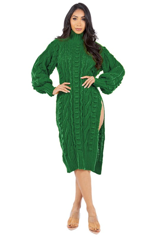 Long Bishop Sleeve Cut Side Midi Sweater Dress