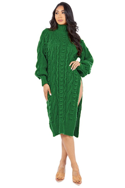 Long Bishop Sleeve Cut Side Midi Sweater Dress