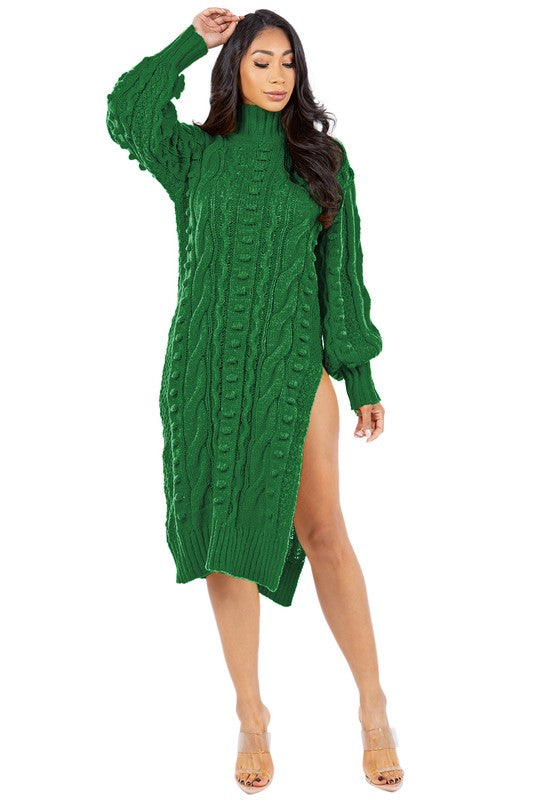 Long Bishop Sleeve Cut Side Midi Sweater Dress