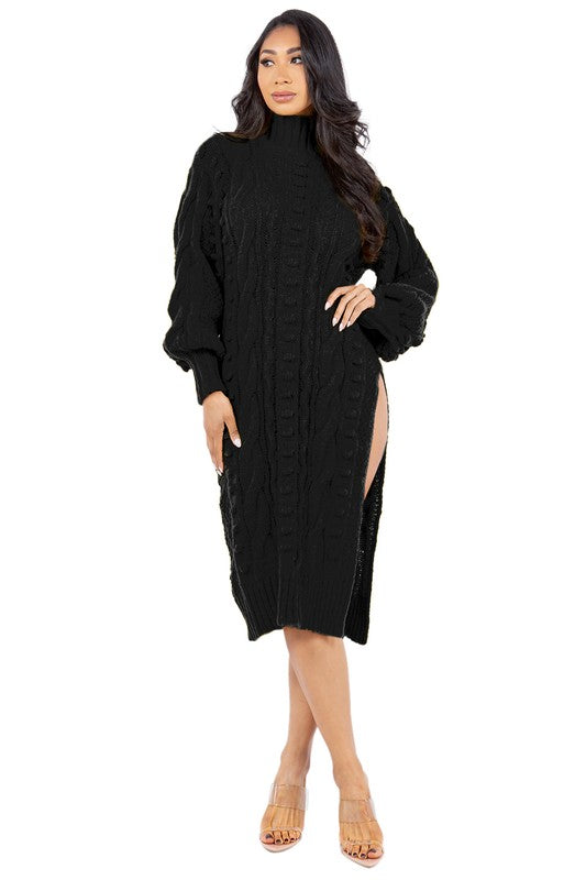 Long Bishop Sleeve Cut Side Midi Sweater Dress