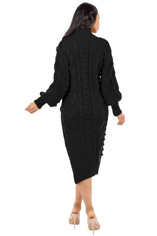 Long Bishop Sleeve Cut Side Midi Sweater Dress