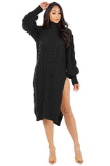 Long Bishop Sleeve Cut Side Midi Sweater Dress