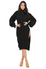 Long Bishop Sleeve Cut Side Midi Sweater Dress