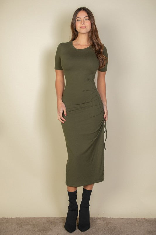 Drawstring Ruched Side Split Hem Midi Dress