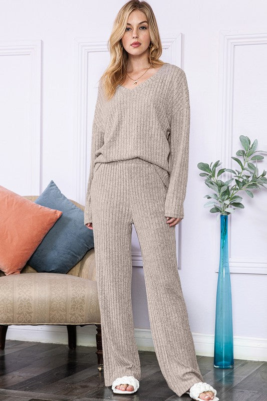 Slouchy Beige Ribbed Knit Loungewear set king-general-store-5710.myshopify.com