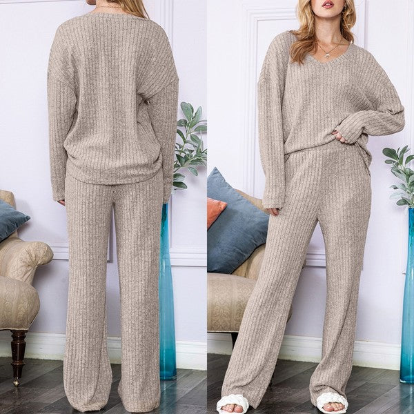 Slouchy Beige Ribbed Knit Loungewear set king-general-store-5710.myshopify.com