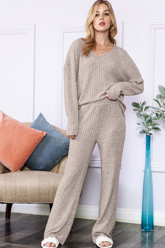 Slouchy Beige Ribbed Knit Loungewear set king-general-store-5710.myshopify.com