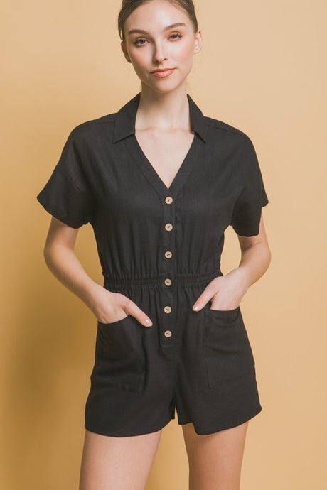 Linen Button Down Short Sleeve Romper