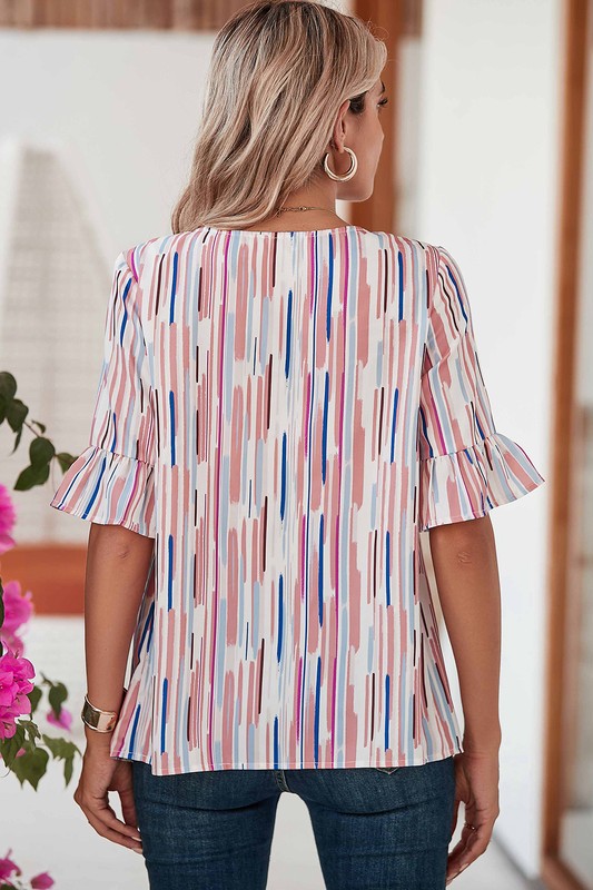 White Water Color Stripe Ruffle Half Sleeve Blouse king-general-store-5710.myshopify.com