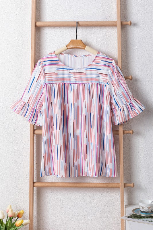 White Water Color Stripe Ruffle Half Sleeve Blouse king-general-store-5710.myshopify.com