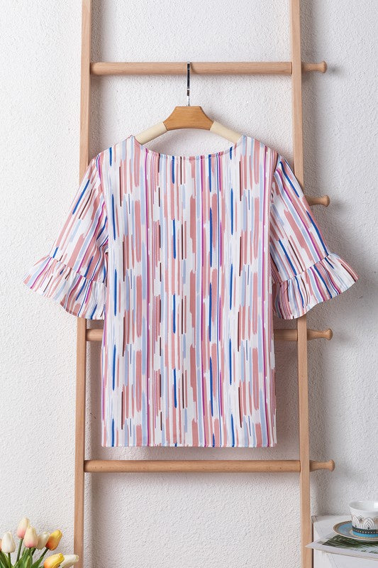 White Water Color Stripe Ruffle Half Sleeve Blouse king-general-store-5710.myshopify.com