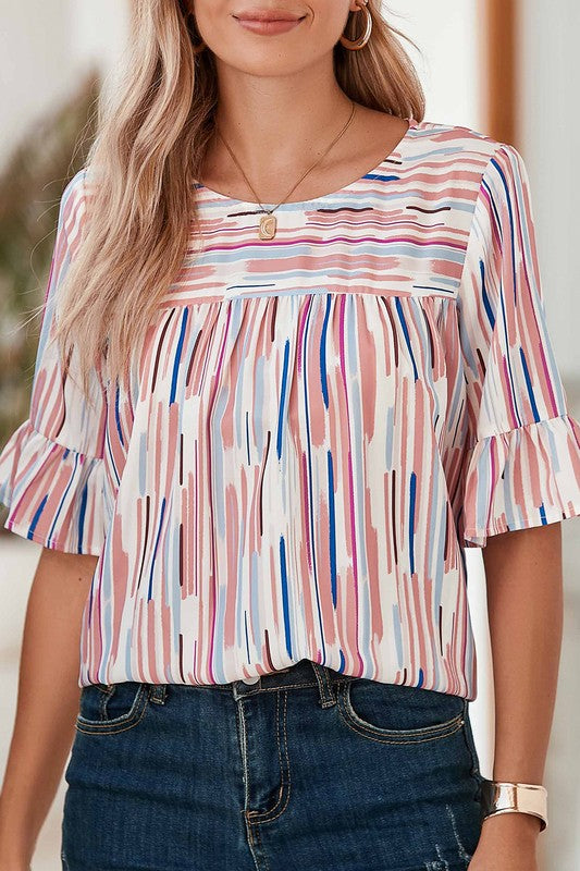 White Water Color Stripe Ruffle Half Sleeve Blouse king-general-store-5710.myshopify.com