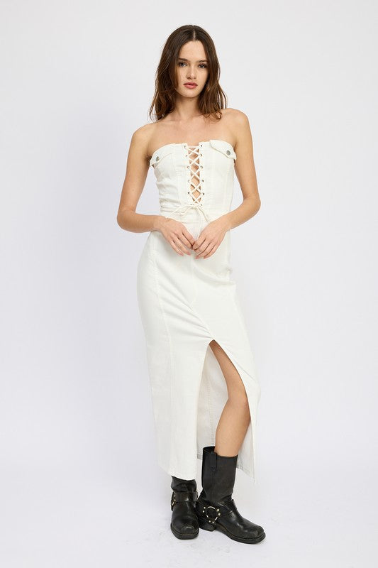 Lace-Up Corset Midi Dress with Front Slit
