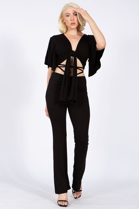 Black Slightly Flared Pants with Waist Tie Straps