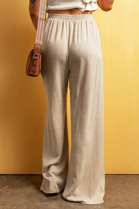 Beige Viscose Linen Floor Length Wide Leg Pants