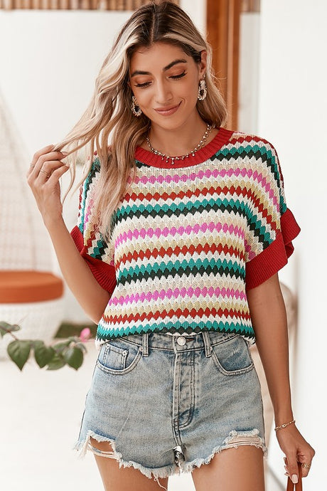 Multi Stripe Ruffle Short Sleeve Knit Top