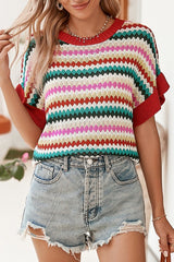 Multi Stripe Ruffle Short Sleeve Knit Top