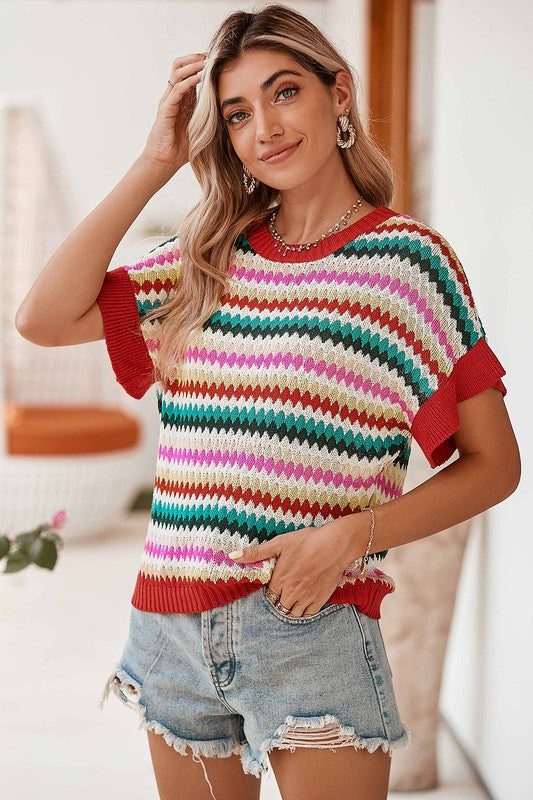 Multi Stripe Ruffle Short Sleeve Knit Top