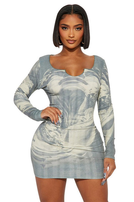 Grey Long Sleeve Bodycon Style Party Mini Dress