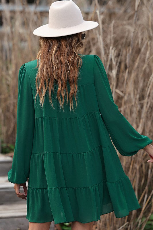 Puff Sleeve Mock Neck Back Knot Tiered Dress