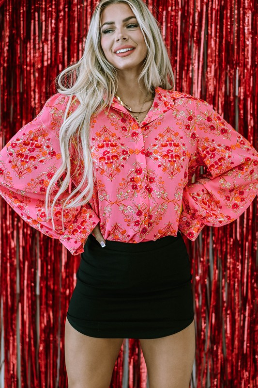 Strawberry Pink Aesthetic Floral Puff Sleeve Shirt