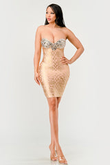Gilded Glamour Strapless Mini Dress