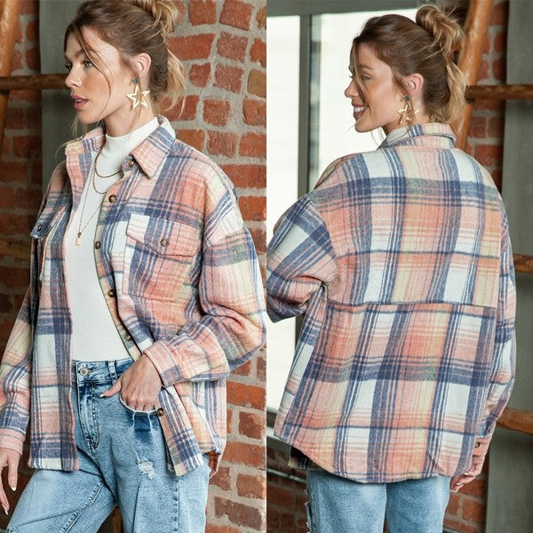 Pink Cream Plaid Checker Button Shacket