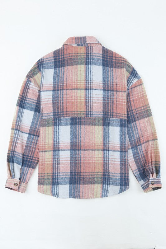 Pink Cream Plaid Checker Button Shacket