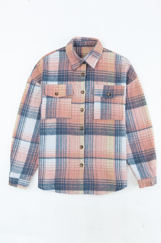 Pink Cream Plaid Checker Button Shacket