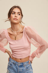 Square Neck Mesh Puff Sleeve Knit Top