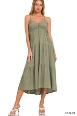 Woven Sweetheart Neckline Tiered Cami Midi Dress