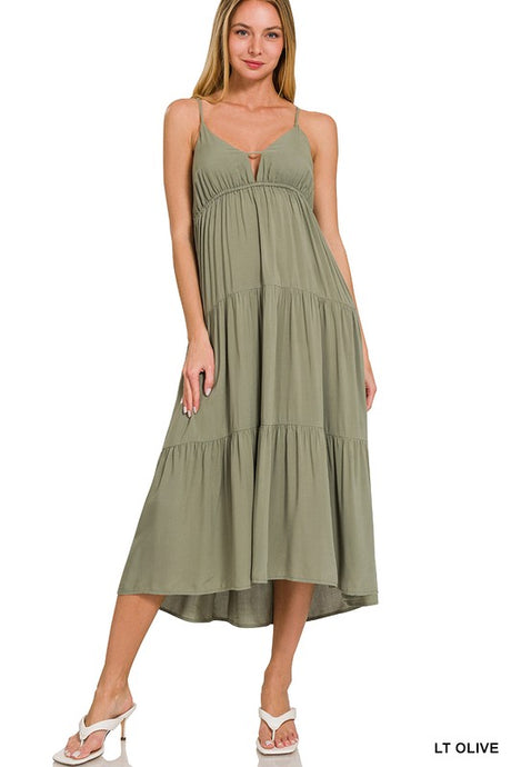 Woven Sweetheart Neckline Tiered Cami Midi Dress