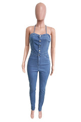 Front Button Denim Skinny Jumpsuit