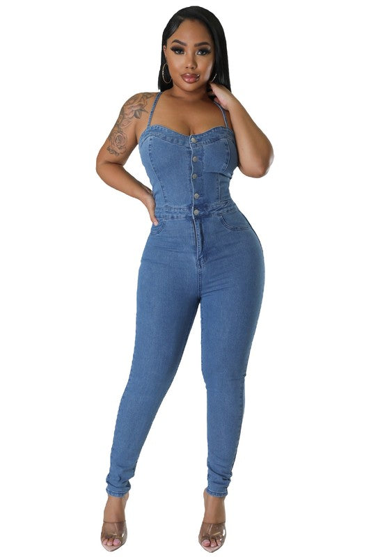 Front Button Denim Skinny Jumpsuit