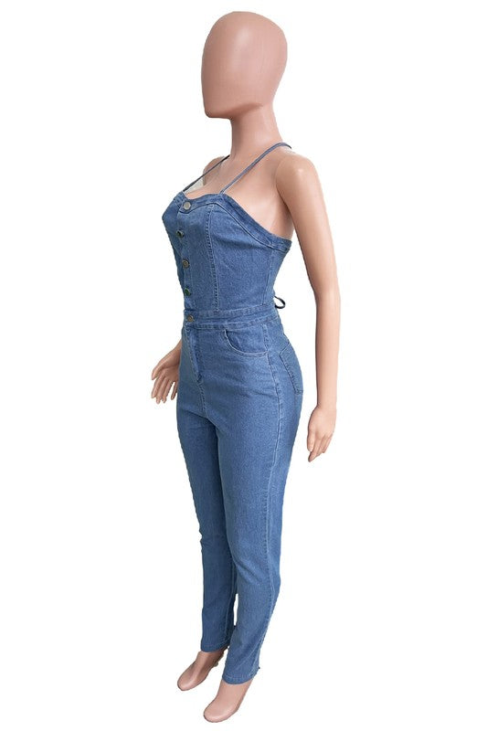 Front Button Denim Skinny Jumpsuit