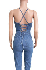 Front Button Denim Skinny Jumpsuit