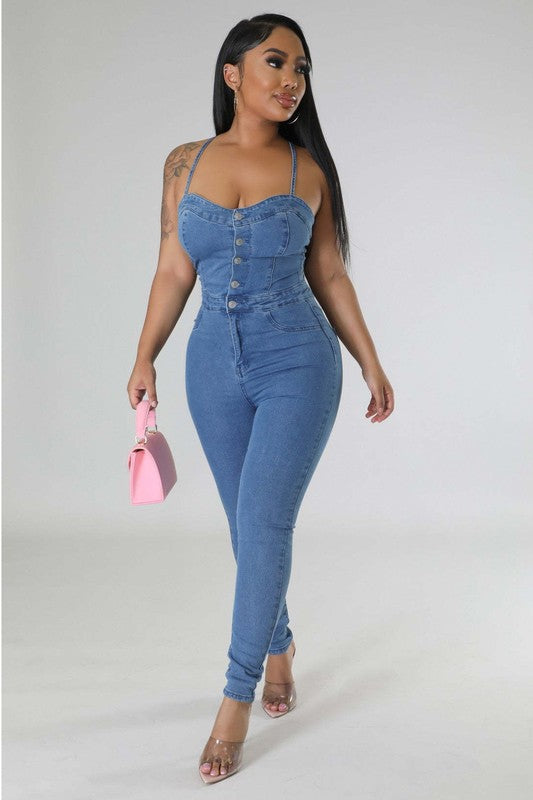 Front Button Denim Skinny Jumpsuit