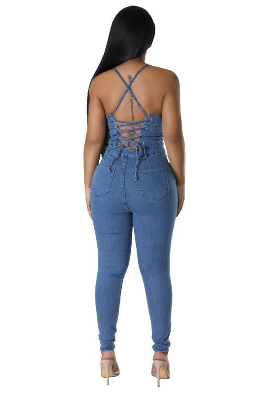 Front Button Denim Skinny Jumpsuit