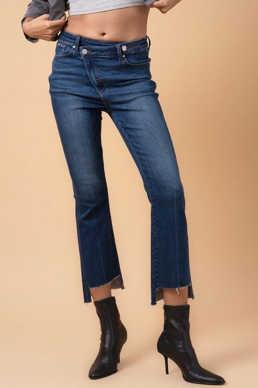 Crossover Waist Step Hem Detail Dark Wash Denim Jeans