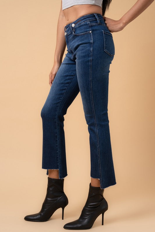 Crossover Waist Step Hem Detail Dark Wash Denim Jeans