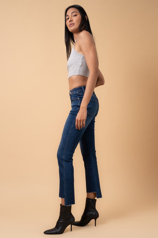 Crossover Waist Step Hem Detail Dark Wash Denim Jeans