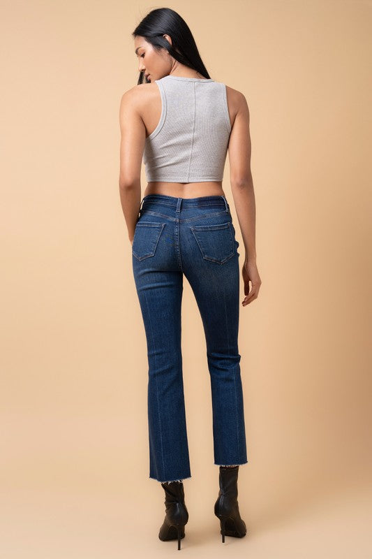 Crossover Waist Step Hem Detail Dark Wash Denim Jeans