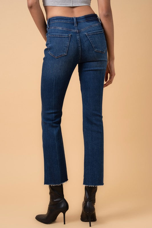 Crossover Waist Step Hem Detail Dark Wash Denim Jeans