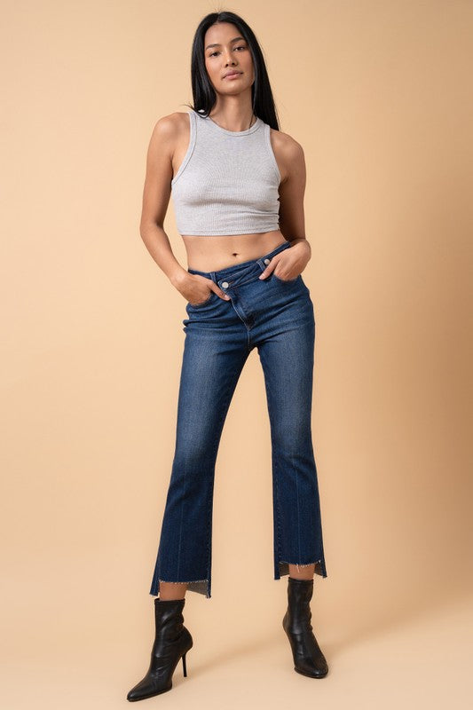 Crossover Waist Step Hem Detail Dark Wash Denim Jeans