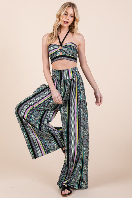 Boho Print Wide Leg Pants with Pockets