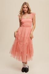 Smocked Ruffle Tiered Mesh Midi Dress