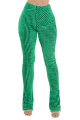 Green Fringe Striped Fluffy Knit Legging Pants