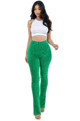 Green Fringe Striped Fluffy Knit Legging Pants