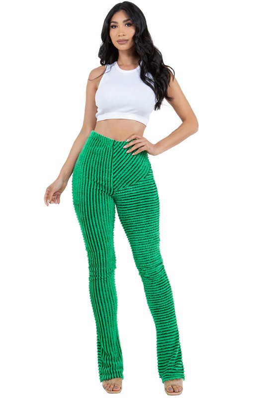 Green Fringe Striped Fluffy Knit Legging Pants